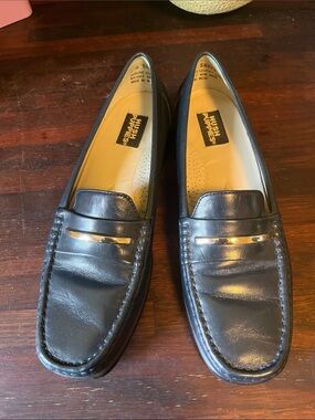 Hush Puppies Navy Blue Leather Loafers Silver Bar Detail